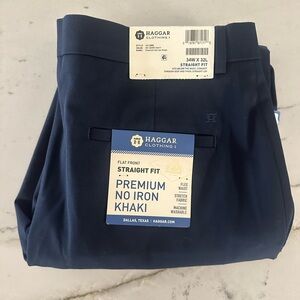 Haggar Premium No Iron Khaki Pants Flat Front Straight Fit Stretch 34X32 Blue